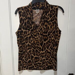 Anne Klein Sleeveless Leopard Print V-Neck Top - Brown/Black